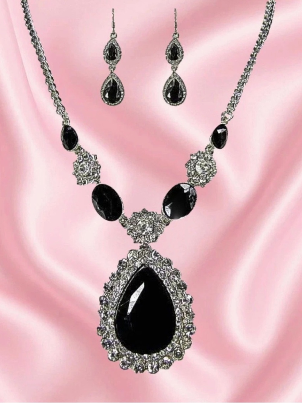 Black Clear Crystal Statement Necklace Set Teardrop Pendant Elegant New